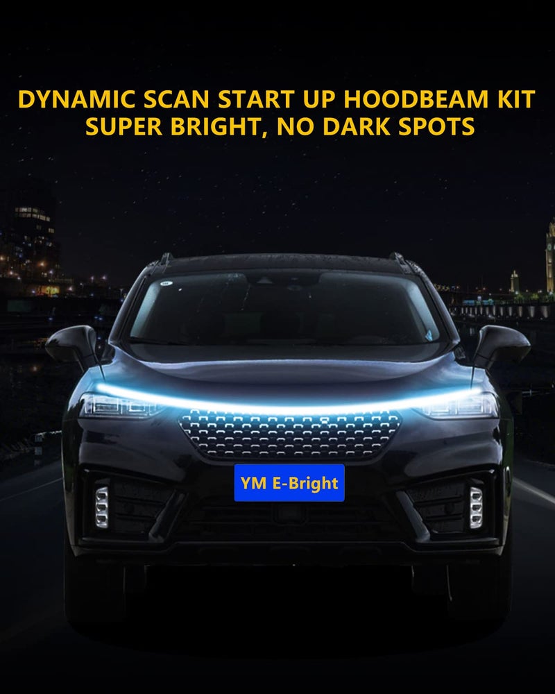 YM EBright YM E-Bright Led Hood Light Strip Exterior Led Strip Lights for Cars Waterproof Flexible DRL Dynamic Scan Start Up Hoodbeam Kit Daytime Running Light for Truck,SUV,12V 70inch,Ice Blue,1 Set - Image 5