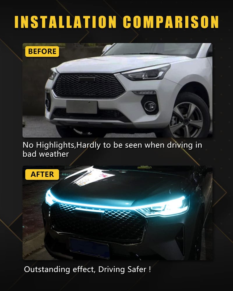 YM EBright YM E-Bright Led Hood Light Strip Exterior Led Strip Lights for Cars Waterproof Flexible DRL Dynamic Scan Start Up Hoodbeam Kit Daytime Running Light for Truck,SUV,12V 70inch,Ice Blue,1 Set - Image 3