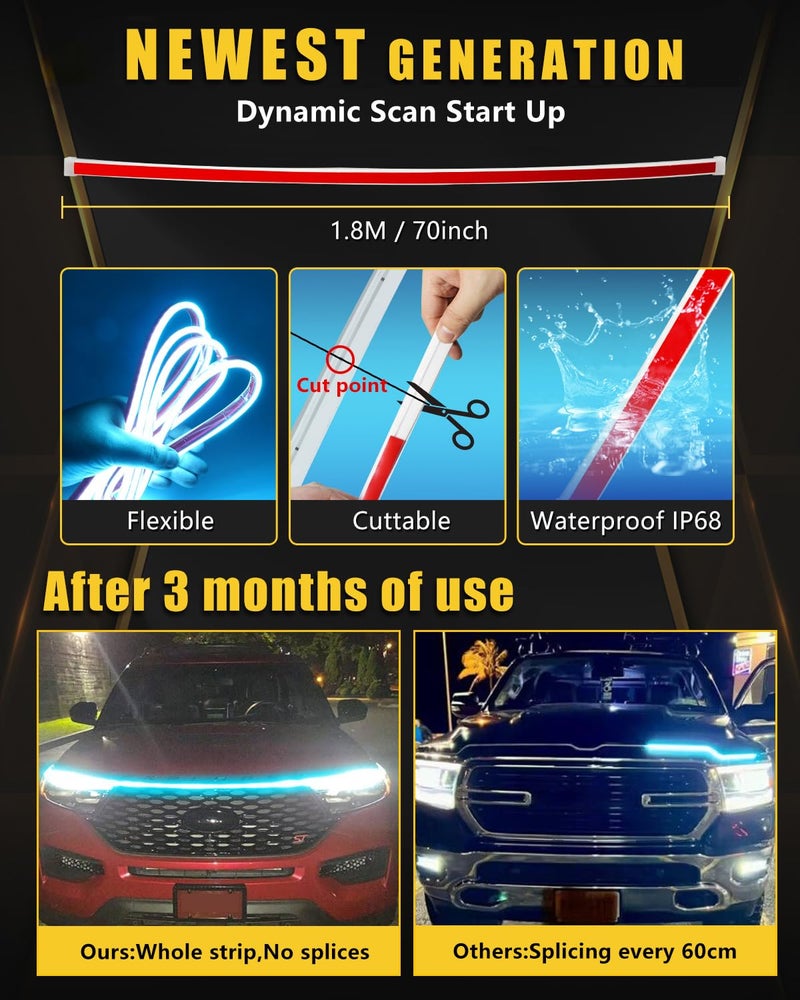YM EBright YM E-Bright Led Hood Light Strip Exterior Led Strip Lights for Cars Waterproof Flexible DRL Dynamic Scan Start Up Hoodbeam Kit Daytime Running Light for Truck,SUV,12V 70inch,Ice Blue,1 Set - Image 2