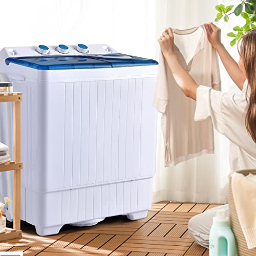 COSTWAY, Twin Tub 26lbs Capacity Laundry, 18lbs 8lbs Spinner Combo with Timer Knobs, Built-in Drain Pump, Compact Washer for Home Dorm Apartment (Blue+White) portable washing machine - Image 2
