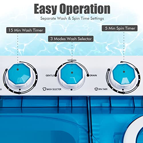 COSTWAY, Twin Tub 26lbs Capacity Laundry, 18lbs 8lbs Spinner Combo with Timer Knobs, Built-in Drain Pump, Compact Washer for Home Dorm Apartment (Blue+White) portable washing machine - Image 3