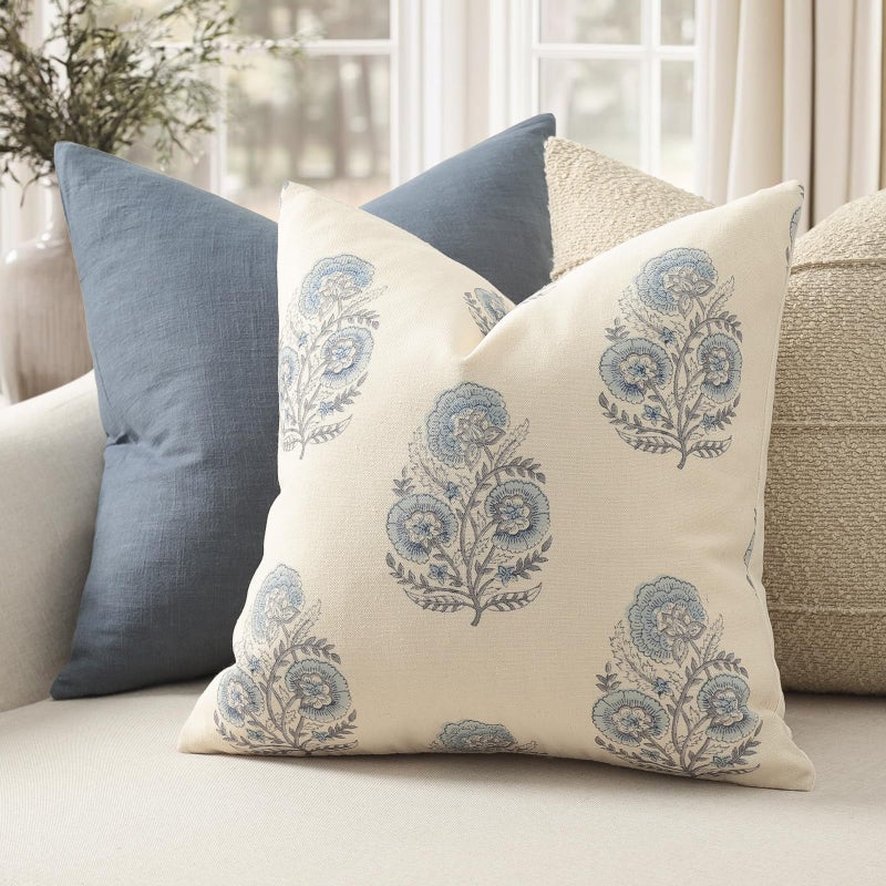 YCOLL Vintage Floral Print Pillow Covers 20x20 Set of 2 Patterned Accent Decorative Cushion Covers Modern Farmhouse Throw Pillow Covers for Sofa Couch Chair Bed Living Room Home Decor, Light Blue - Image 3