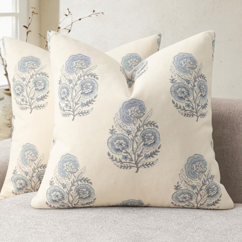 YCOLL Vintage Floral Print Pillow Covers 20x20 Set of 2 Patterned Accent Decorative Cushion Covers Modern Farmhouse Throw Pillow Covers for Sofa Couch Chair Bed Living Room Home Decor, Light Blue - Image 1