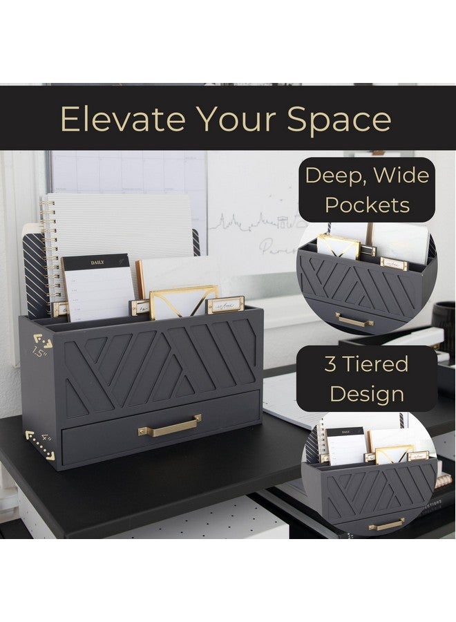 Blu Monaco Grey Desktop Mail Organizer Threetiered Featuring Gold Label Holders And A Drawer Stay Organized And Stylish With A Convenient Mail Holder Countertop Document Storage Home Or Office By Blu Monaco - Image 3