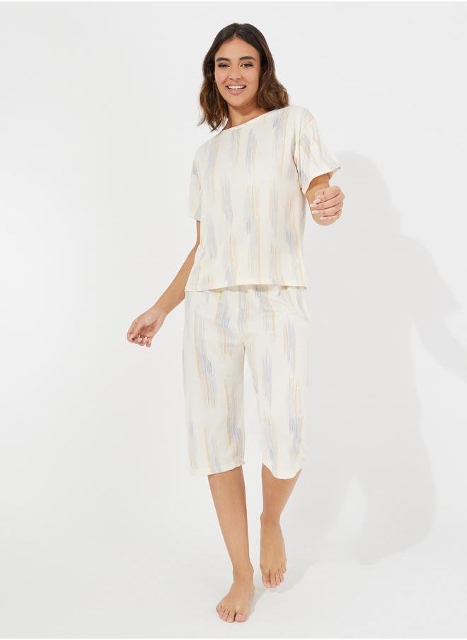 Take Two Printed Round Neck T-Shirt & Capri Pyjama Set  - Image 1