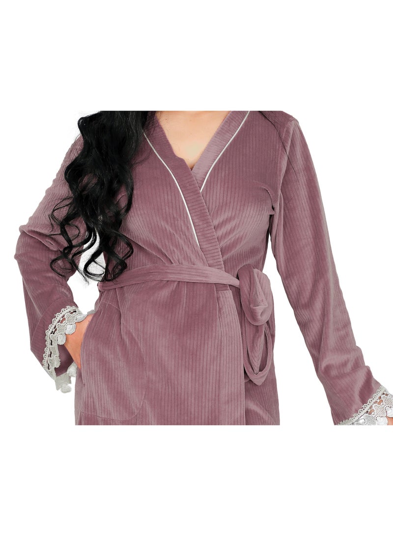 Dadoush Women's short velvet nightgown with long sleeves and lace, plain women's kimono from Dadoush - Image 4