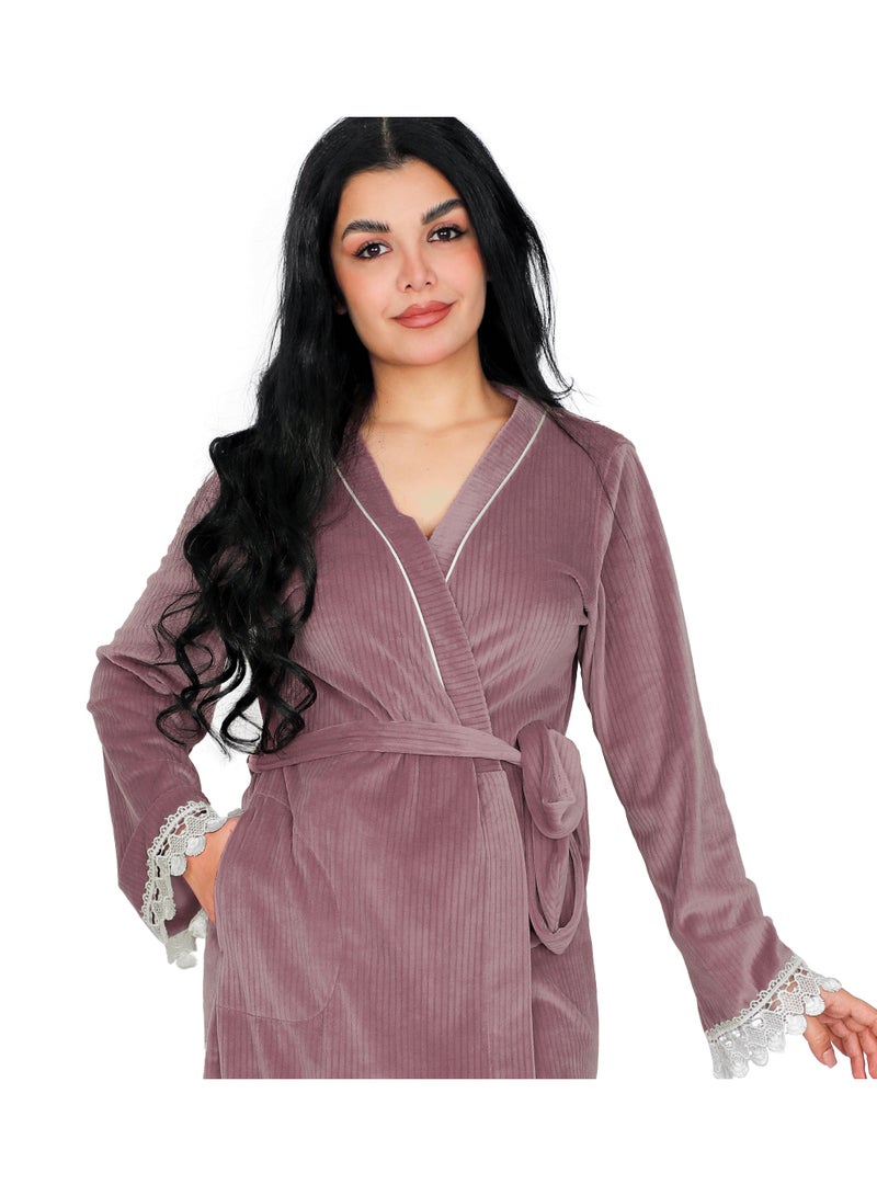 Dadoush Women's short velvet nightgown with long sleeves and lace, plain women's kimono from Dadoush - Image 3