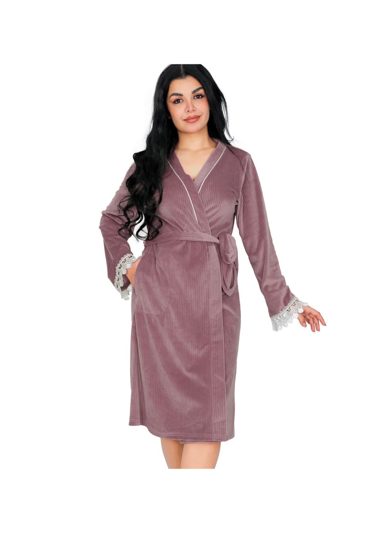 Dadoush Women's short velvet nightgown with long sleeves and lace, plain women's kimono from Dadoush - Image 5