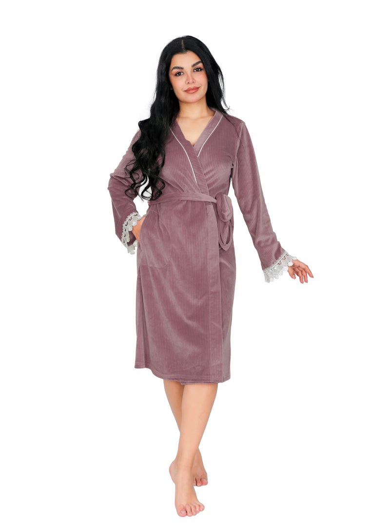 Dadoush Women's short velvet nightgown with long sleeves and lace, plain women's kimono from Dadoush - Image 1
