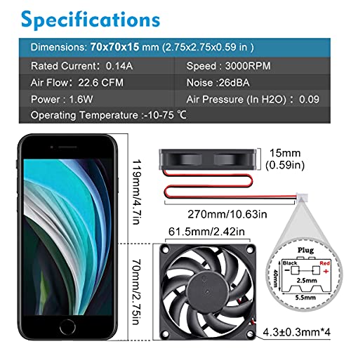 Wathai DC 12V Cooler Case Fan 70mm x 70mm x 15mm 2Pin Brushless Cooling Fan High Performance 2Pack - Image 2