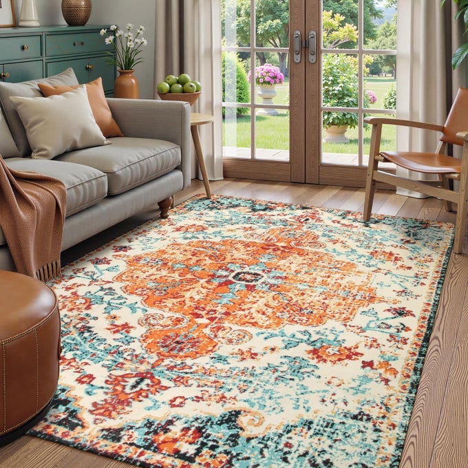 LAHOME BOHEMIAN FLORAL MEDALLION AREA RUG 5X7 ORIENTAL DISTRESSED LARGE BEDROOM RUG SOFT NONSLIP WASHABLE DINING ROOM MAT INDOOR THROW NURSERY FLOOR CARPET FOR GUEST ROOM ENTRYWAY