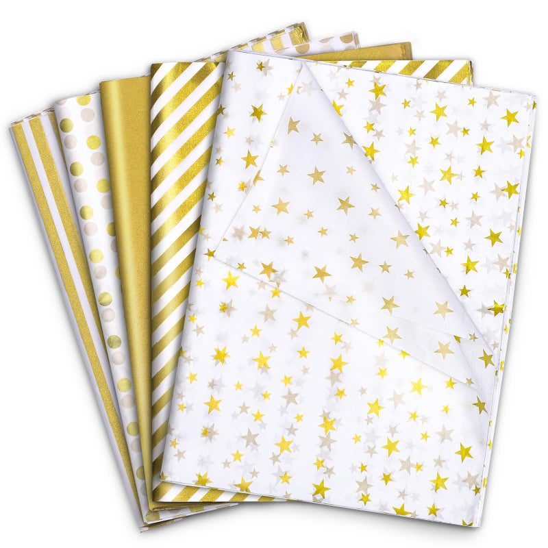 woric 120 Sheets Gold Tissue Paper Bulk Gold White Tissue Paper with Dots Stripes Design for Gift Bags DIY Arts Crafts Wedding Baby Shower Graduation Party Decoration, 14 x 20 Inch - Image 1
