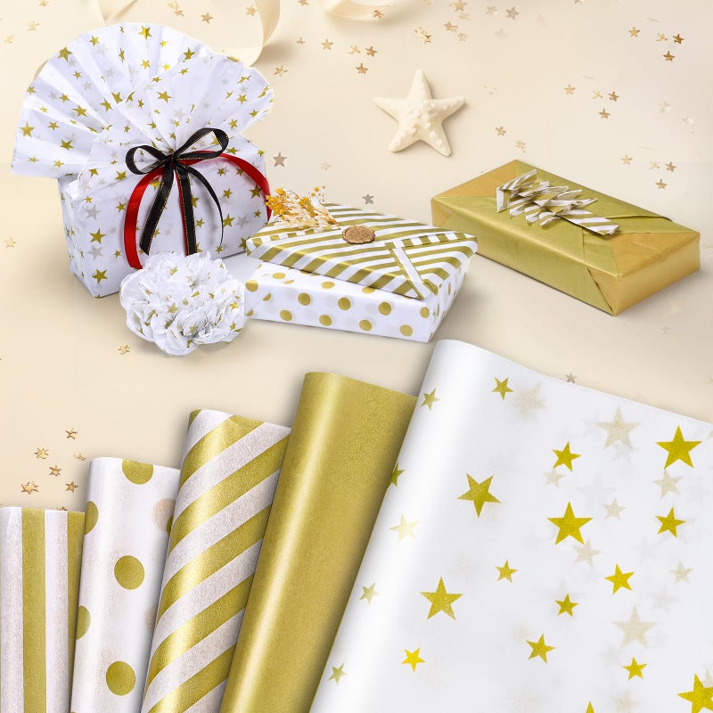 woric 120 Sheets Gold Tissue Paper Bulk Gold White Tissue Paper with Dots Stripes Design for Gift Bags DIY Arts Crafts Wedding Baby Shower Graduation Party Decoration, 14 x 20 Inch - Image 4