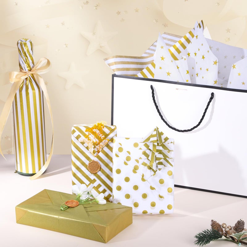 woric 120 Sheets Gold Tissue Paper Bulk Gold White Tissue Paper with Dots Stripes Design for Gift Bags DIY Arts Crafts Wedding Baby Shower Graduation Party Decoration, 14 x 20 Inch - Image 3
