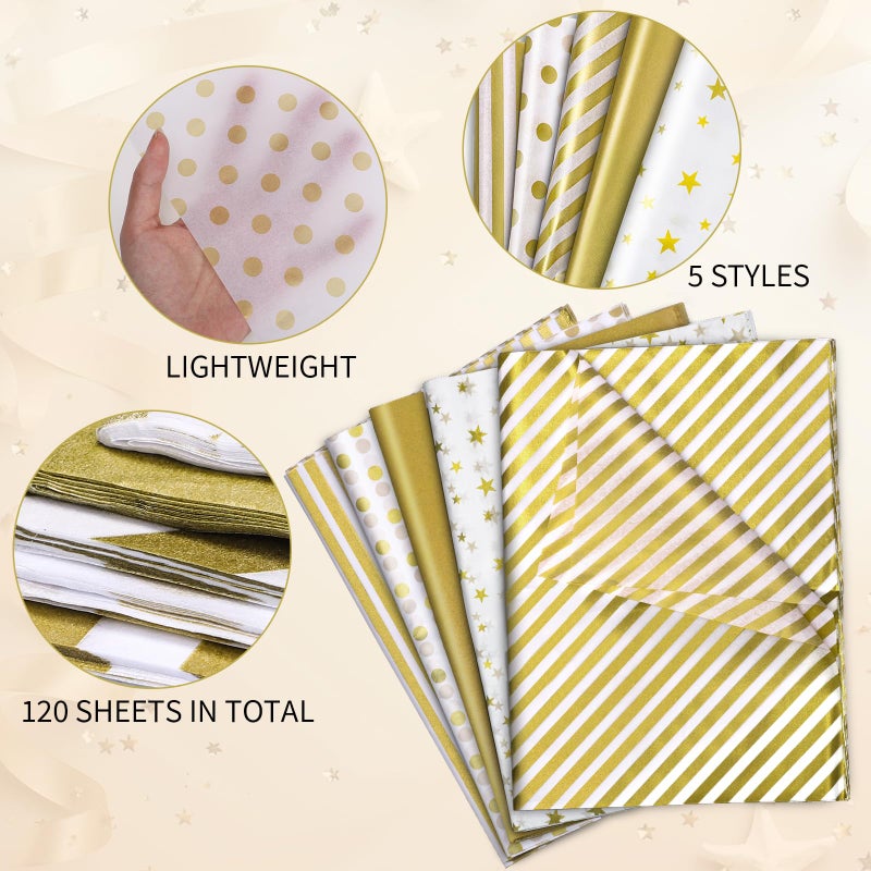 woric 120 Sheets Gold Tissue Paper Bulk Gold White Tissue Paper with Dots Stripes Design for Gift Bags DIY Arts Crafts Wedding Baby Shower Graduation Party Decoration, 14 x 20 Inch - Image 5