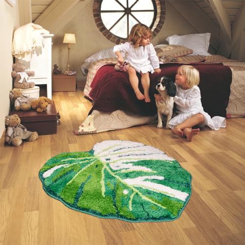 Sisher Green Leaf Bathroom Mat Large Monstera Rug Kids Rug Green Leaf Area Mat Non Slip Comfortable Carpet for Bedroom Bathroom Children Playroom 41"X39" - Image 3