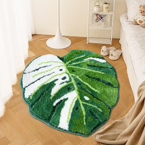 Sisher Green Leaf Bathroom Mat Large Monstera Rug Kids Rug Green Leaf Area Mat Non Slip Comfortable Carpet for Bedroom Bathroom Children Playroom 41"X39" - Image 2
