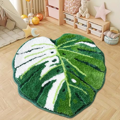 Sisher Green Leaf Bathroom Mat Large Monstera Rug Kids Rug Green Leaf Area Mat Non Slip Comfortable Carpet for Bedroom Bathroom Children Playroom 41"X39" - Image 1