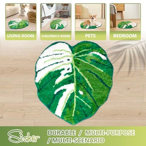 Sisher Green Leaf Bathroom Mat Large Monstera Rug Kids Rug Green Leaf Area Mat Non Slip Comfortable Carpet for Bedroom Bathroom Children Playroom 41"X39" - Image 5