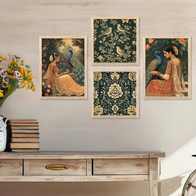 HOTHOUSE Traditional Indian Wall Art Paintings for Living Room Wall Art Painting for Wall Decoration Wall Poster With frames Wall Paintings For Home Decoration Indian Wall Art Home Decor Frames Framed Wall Painting for Home Room Bedroom Office Wall Dcor set of 4