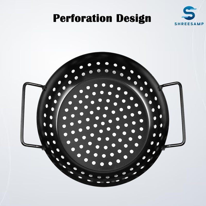 SHREESAMP SHREESAMP Stainless Steel Non-Stick Wok Topper Grilling Pan with Holes Handles Heavy Duty Grill Tray Flat Top Reusable Outdoor Camping Cookware BBQ Grill Accessories for Oven Fish [28.5X 23X 9 CM]  - Image 5