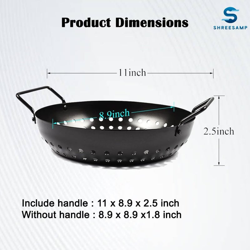 SHREESAMP SHREESAMP Stainless Steel Non-Stick Wok Topper Grilling Pan with Holes Handles Heavy Duty Grill Tray Flat Top Reusable Outdoor Camping Cookware BBQ Grill Accessories for Oven Fish [28.5X 23X 9 CM]  - Image 2