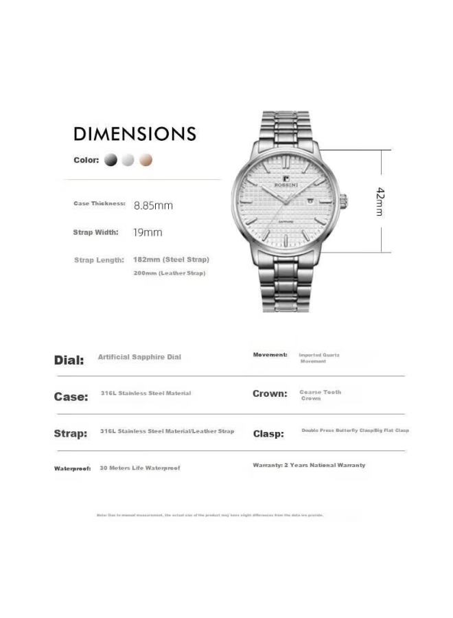 Rossini Men's Quartz Watch, White Dial, Steel Strap, Birthday Gift For Boyfriend, Chinese Watch Classic, Luminous Date Display, 50097 - Image 3