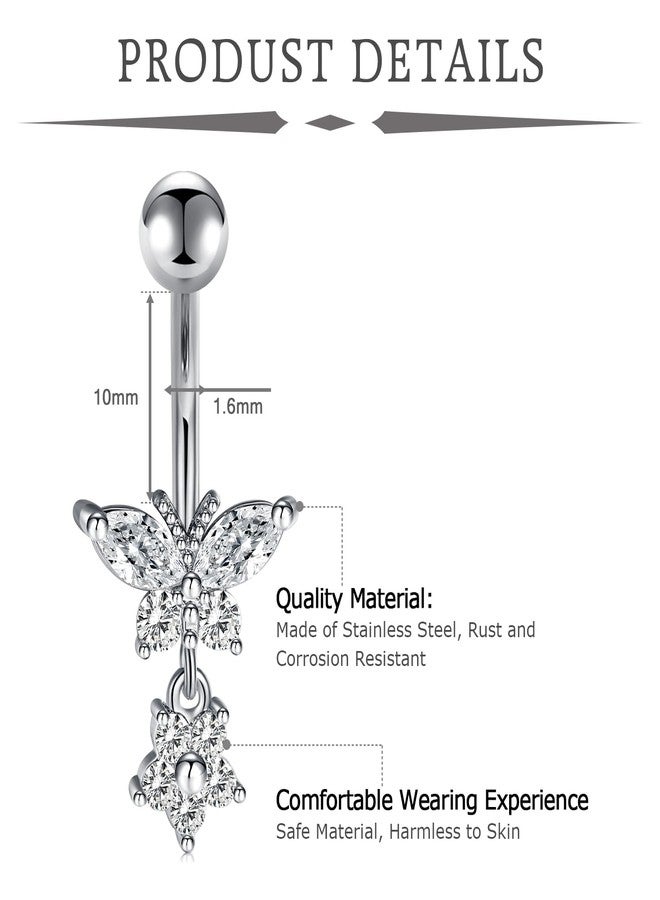 Incaton 14G Belly Button Rings Stainless Steel Dangling Butterfly Heart Diamond Belly Rings Dangle Navel Piercing Jewelry For Women Gold - Image 4