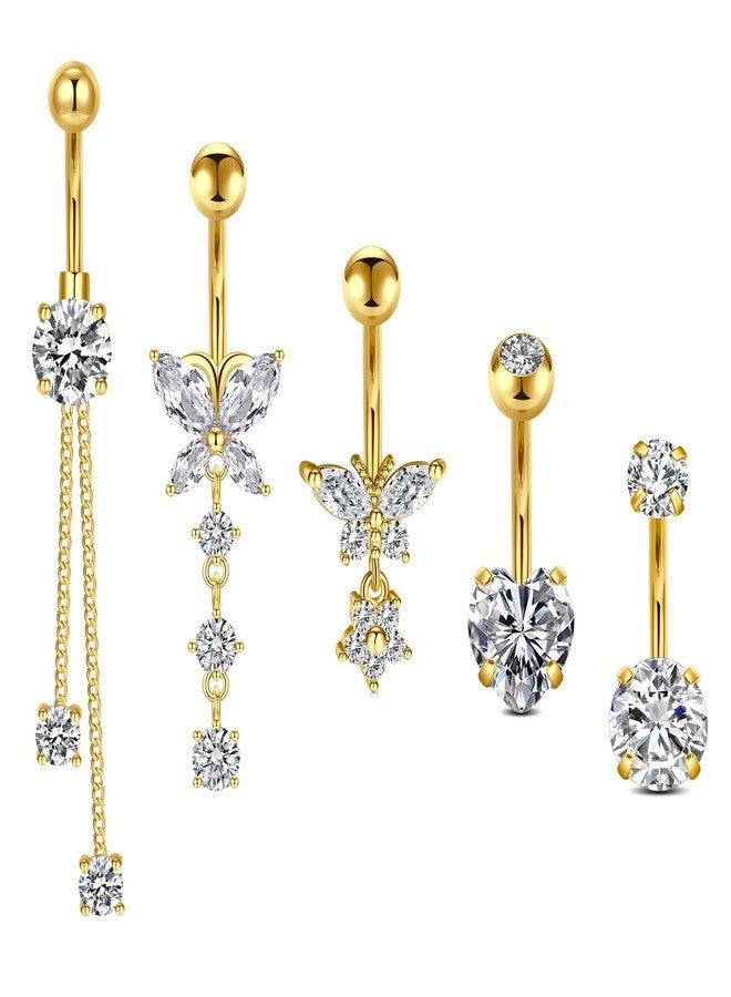 Incaton 14G Belly Button Rings Stainless Steel Dangling Butterfly Heart Diamond Belly Rings Dangle Navel Piercing Jewelry For Women Gold - Image 1