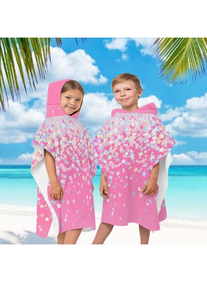 Hot Pink Base Full Printed Gradient Macaron Color Star Unisex Kids Hooded Quick Dry Poncho Towel, Polyester Soft Water Absorbent Loose Windproof Bath Wrap for All Kids, Ideal for Beach, Swimming Pool, Hot Spring & Daily Shower - Image 1