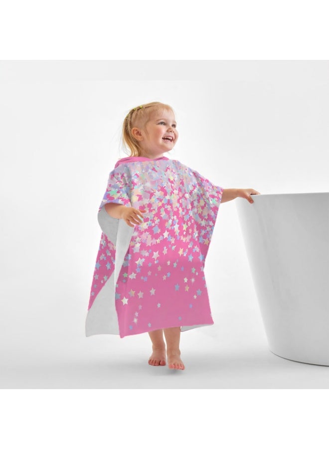 Hot Pink Base Full Printed Gradient Macaron Color Star Unisex Kids Hooded Quick Dry Poncho Towel, Polyester Soft Water Absorbent Loose Windproof Bath Wrap for All Kids, Ideal for Beach, Swimming Pool, Hot Spring & Daily Shower - Image 3