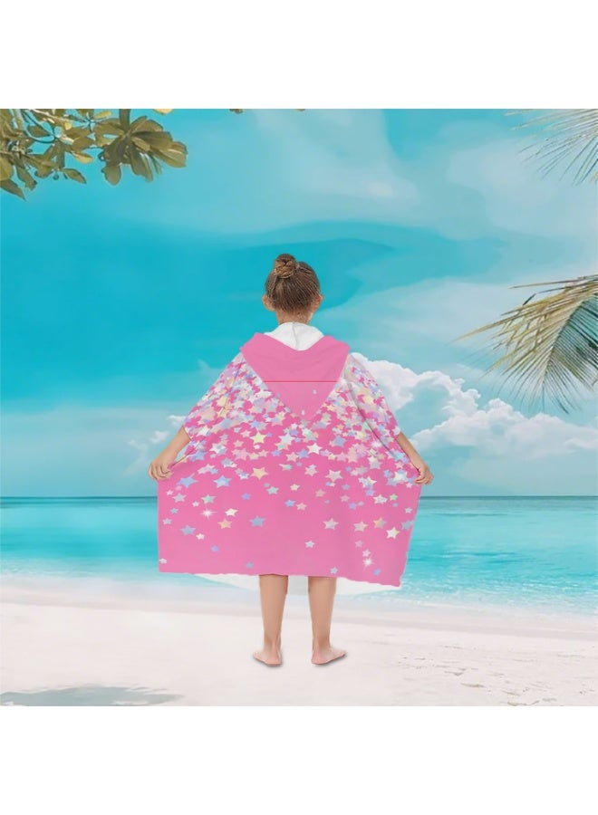 Hot Pink Base Full Printed Gradient Macaron Color Star Unisex Kids Hooded Quick Dry Poncho Towel, Polyester Soft Water Absorbent Loose Windproof Bath Wrap for All Kids, Ideal for Beach, Swimming Pool, Hot Spring & Daily Shower - Image 4