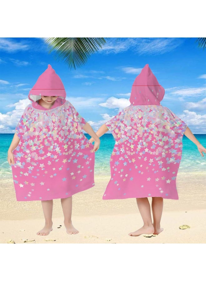 Hot Pink Base Full Printed Gradient Macaron Color Star Unisex Kids Hooded Quick Dry Poncho Towel, Polyester Soft Water Absorbent Loose Windproof Bath Wrap for All Kids, Ideal for Beach, Swimming Pool, Hot Spring & Daily Shower - Image 2