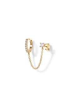 PAVOI 14K Yellow Gold Chain Earrings For Women | Double Piercing Dangle Chain Huggie Hoop Earrings | Cubic Zirconia Pearl Stud Earrings (Single)  - Image 1