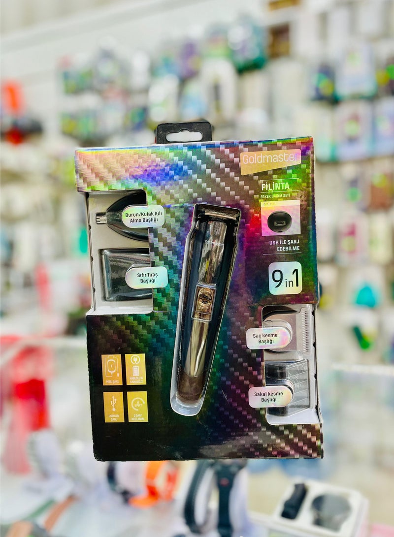 بوينت مجموعة ماكينة تشذيب الشعر 9 في 1 قابلة لإعادة الشحن عبر USB مع ملحقات متعددة، لون أسود - Image 1