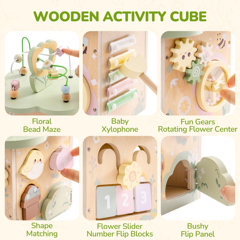 ROBUD Wooden Activity Cube, Educational Wooden Toys with 7 Functional Areas, Montessori Toys for 1+ Year Old Boys & Girls, Flower Bush Theme - Image 3