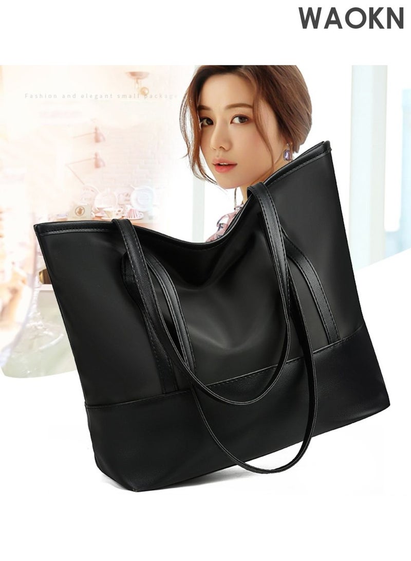 دبليو أيه أو كي أن حقائب يد نسائية، حقائب كتف أنيقة وبسيطة، حقائب يد بسحاب للاستخدام اليومي والعمل والسفر والدراسة والتسوق، حقيبة يد كبيرة الحجم من قماش أكسفورد بلون سادة، حقيبة كتف كلاسيكية متعددة الاستخدامات، مناسبة للجنسين، (أسود). - Image 3