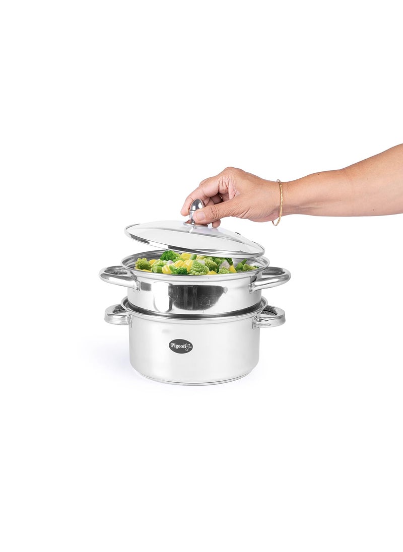 pigeon Pigeon Elantra Stainless Steel 2 Tier Steamer Pot Set with Glass Lid | Pasta Steamer Momo/Modak Maker | Vegetable Steamer | Rice Steamer; 20 cm | Induction and Gas Stove Compatible Silver Steamer  - Image 2