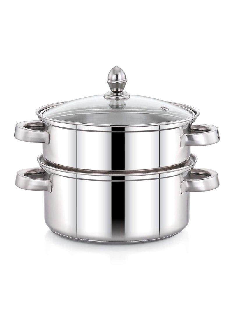 pigeon Pigeon Elantra Stainless Steel 2 Tier Steamer Pot Set with Glass Lid | Pasta Steamer Momo/Modak Maker | Vegetable Steamer | Rice Steamer; 20 cm | Induction and Gas Stove Compatible Silver Steamer  - Image 1
