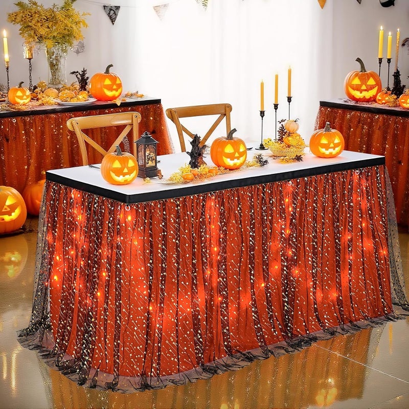 QueenDream 14ft Black Orange Table Skirts Halloween Tulle Table Skirting Tutu Table Cloth for Baby Shower Banquet Birthday Party Graduation Decoraitons - Image 2