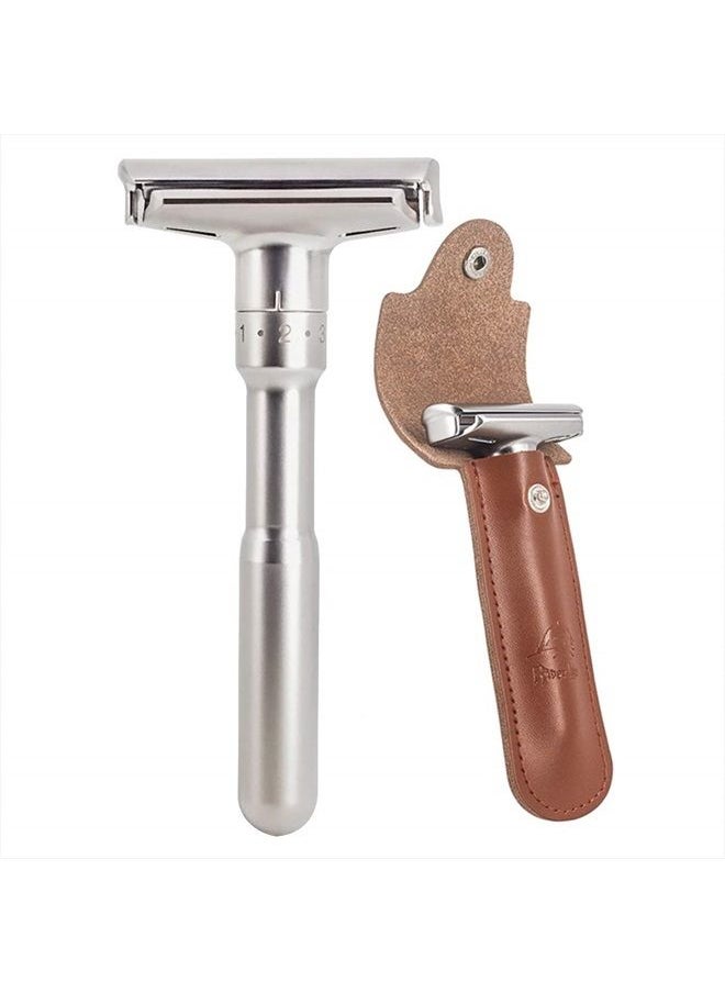River Lake Travel Double Edge Safety Razor, River Lake RZ700 Long Handle Adjustable Classic Safety Shaver Razor (Razor with Protective Case,Brown)  - Image 1