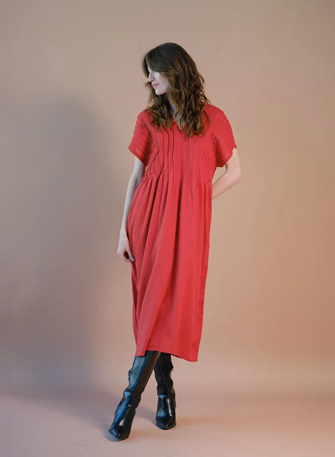 Virgio Linen Pintuck Kaftan Tie-Up Back Dress