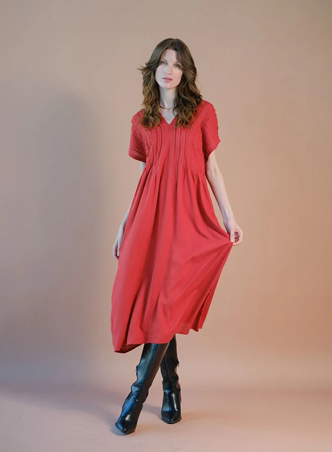 فيرجيو Linen Pintuck Kaftan Tie-Up Back Dress