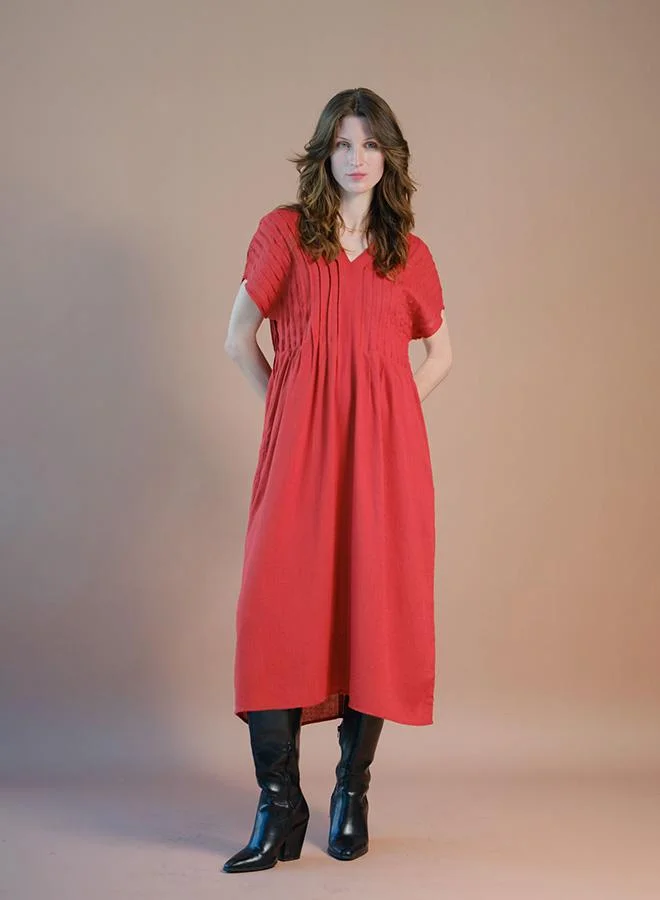 فيرجيو Linen Pintuck Kaftan Tie-Up Back Dress
