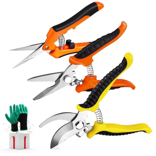 Wevove 3 Pack Garden Pruning Shears Stainless Steel Blades Handheld Pruners Set with Gardening Gloves - Image 1