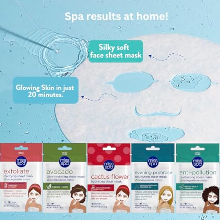 MISS SPA Hydrating & Brightening Sheet Mask Set Facial Masks for Women Exfoliating, Moisturizing Anti-Aging Skincare Bundle Nourishing Masks Dermatologist Tested 5-Pack - Image 5