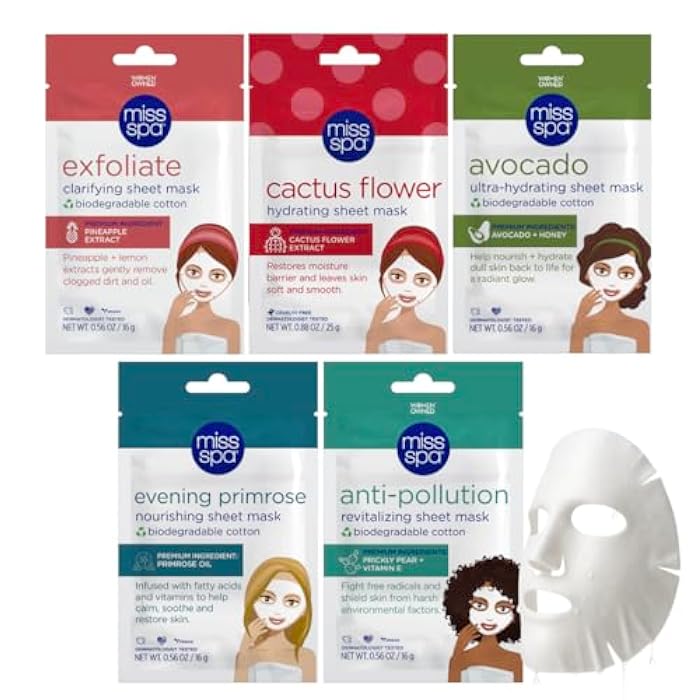 MISS SPA Hydrating & Brightening Sheet Mask Set Facial Masks for Women Exfoliating, Moisturizing Anti-Aging Skincare Bundle Nourishing Masks Dermatologist Tested 5-Pack - Image 1