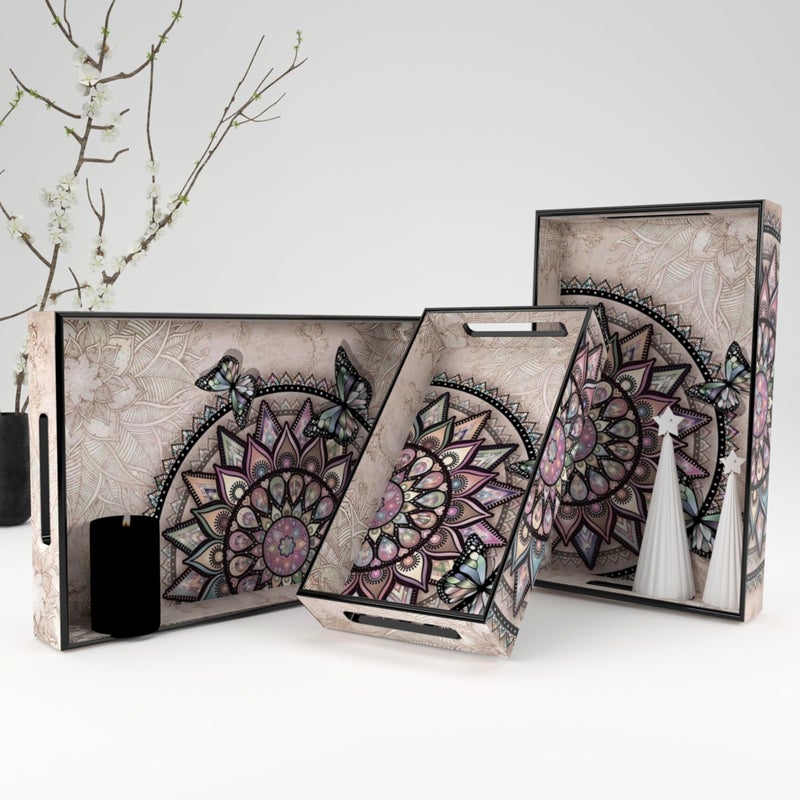 Castleite Elisa Mandala Wooden Trays for Serving & Decoration-Set of 3 | Handcrafted Organizers with Cut-Out Handles for Dining & Home Decor | Epoxy Resin Finish-Size Small, Medium & Large (Isadora) - Image 1