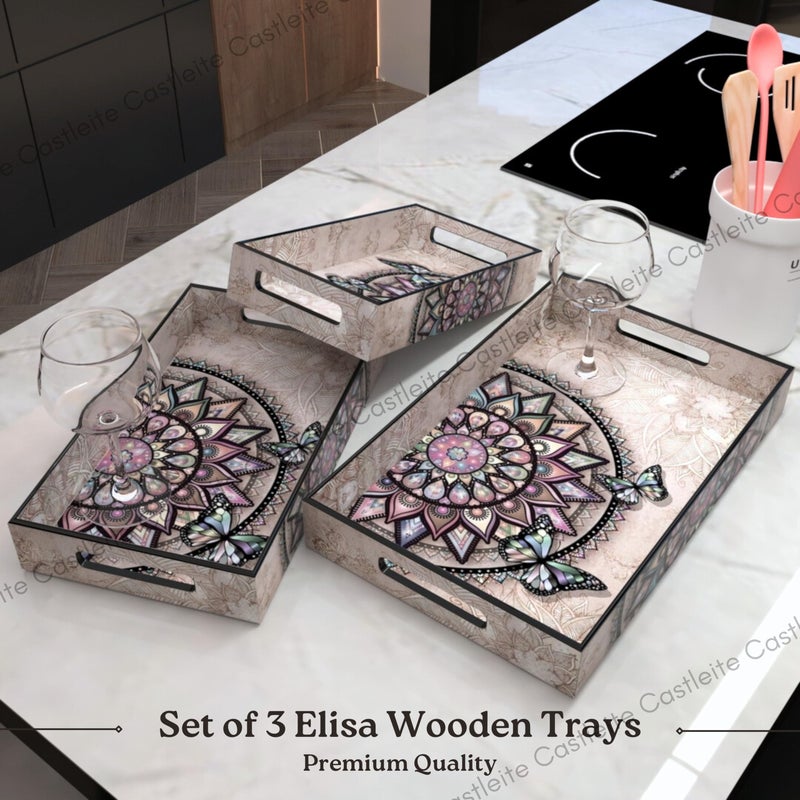 Castleite Elisa Mandala Wooden Trays for Serving & Decoration-Set of 3 | Handcrafted Organizers with Cut-Out Handles for Dining & Home Decor | Epoxy Resin Finish-Size Small, Medium & Large (Isadora) - Image 2
