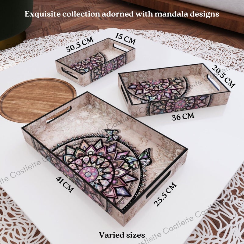 Castleite Elisa Mandala Wooden Trays for Serving & Decoration-Set of 3 | Handcrafted Organizers with Cut-Out Handles for Dining & Home Decor | Epoxy Resin Finish-Size Small, Medium & Large (Isadora) - Image 5